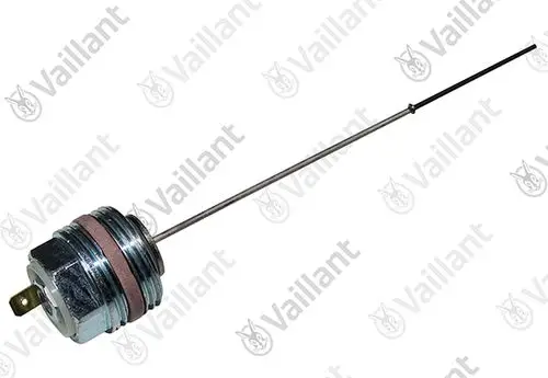 Vaillant-Anode mit metallischem Gehäuse und einem langen, dünnen Stift. Der Anschluss befindet sich an der Unterseite des Gehäuses. Sie dient zur Korrosionsschutz in Heizgeräten.